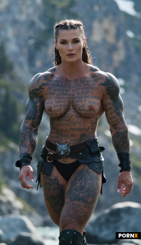 Photorealistic full-body portrait of an exceptionally tall and powerfully muscular Viking woman