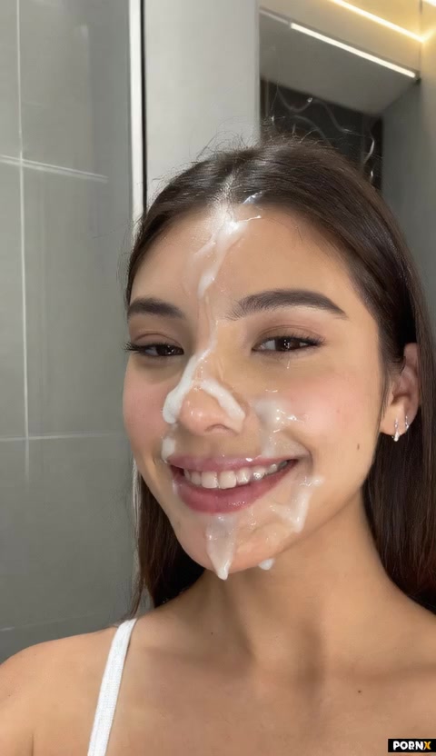 she collect some cum on her face with her finger then put the cum on her finger in her mouth