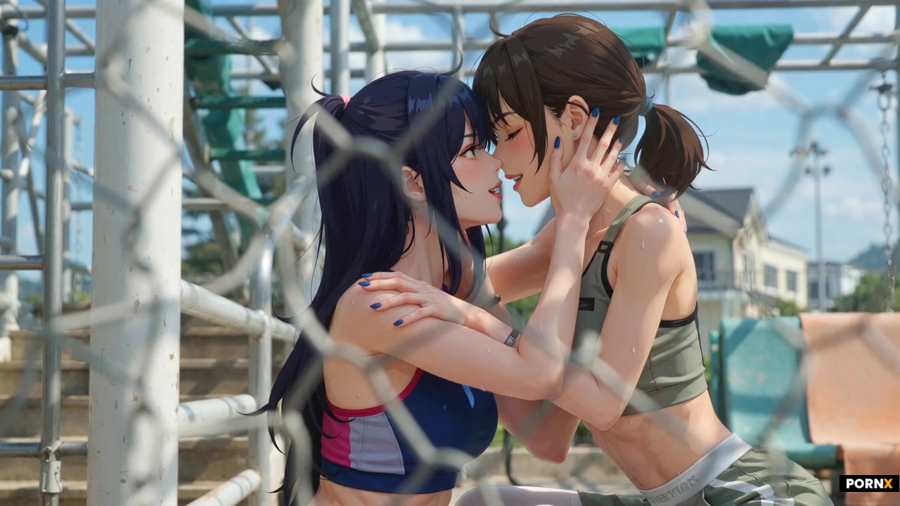 beautiful intimate kissing foreplay scene between cute athletic anime lesbians