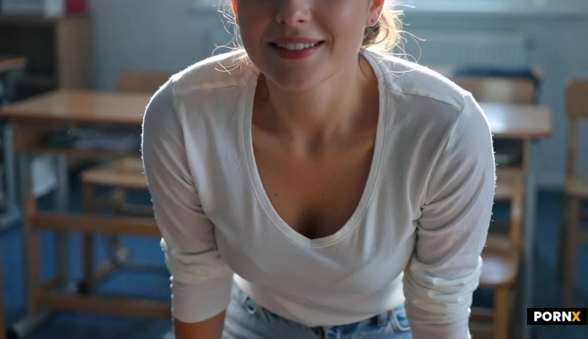 A cute mother in her twenties leaning forward towards the viewer at the waist