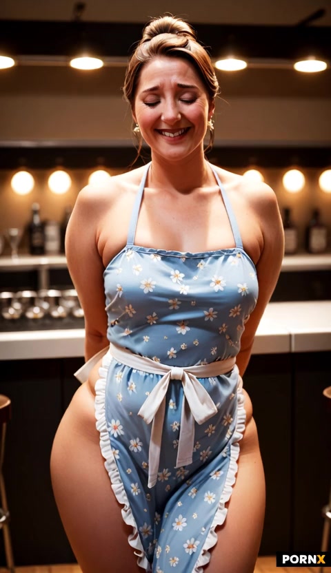She looks around shyly and then quickly pulls down the top of her apron