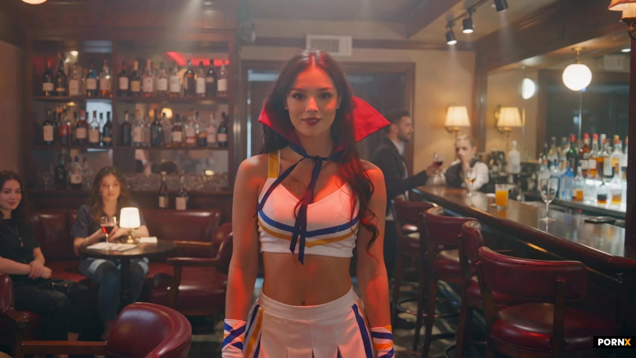scene_description: An adult woman walks forward through a softly lit bar