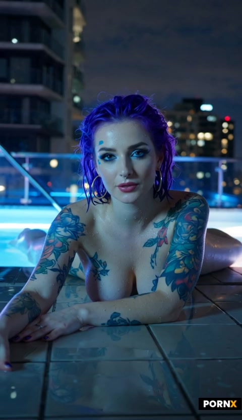 scene_description: A seductive goth woman with short purple hair