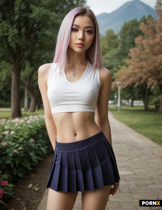 She grabs the the bottom of her skirt and lifts her skirt to show her white thong panties