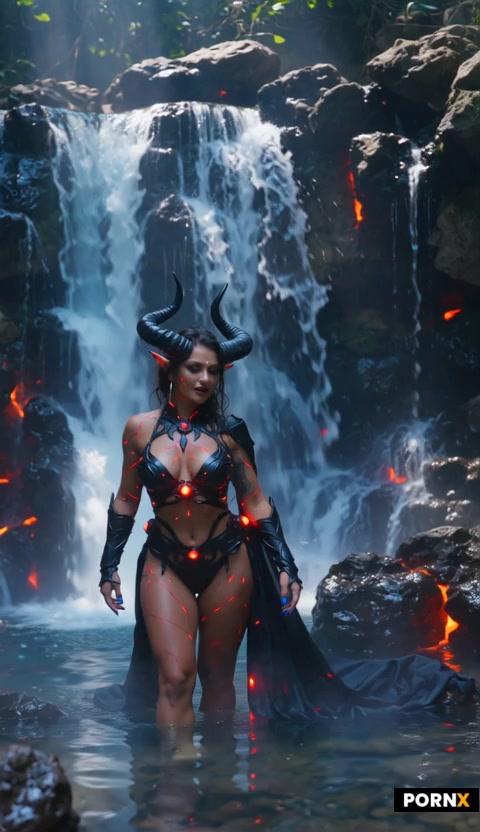 A demonic female figure with gigantic breasts emerges slowly from mist near a glowing waterfall in a