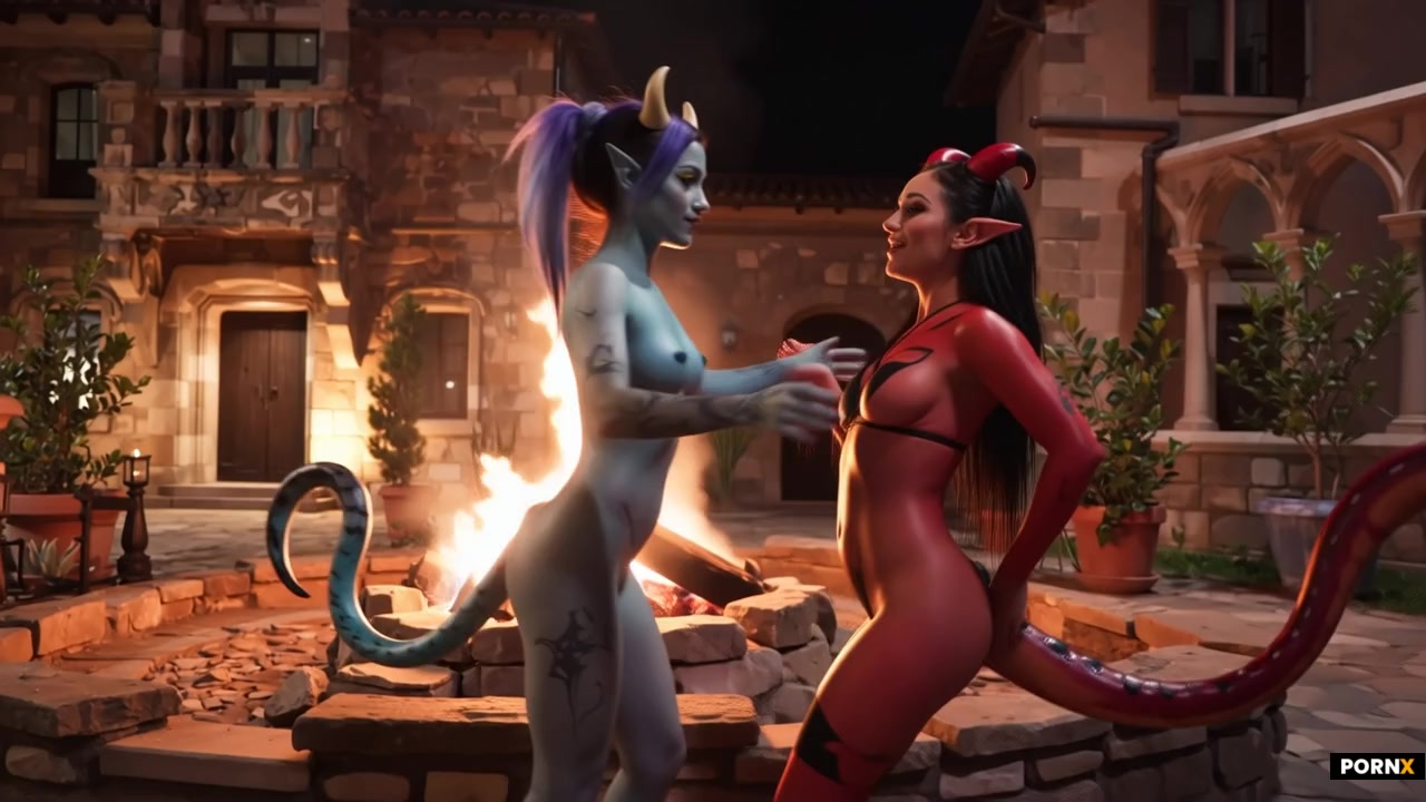 scene_description: A nude blue-skinned tiefling woman with curved horns