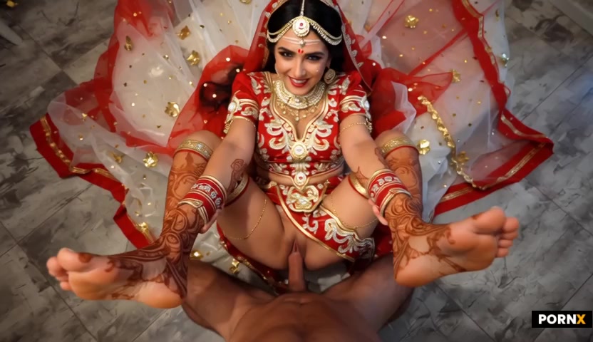 an indian woman wearing indian bridal dress with jewellery is having sex in missionary