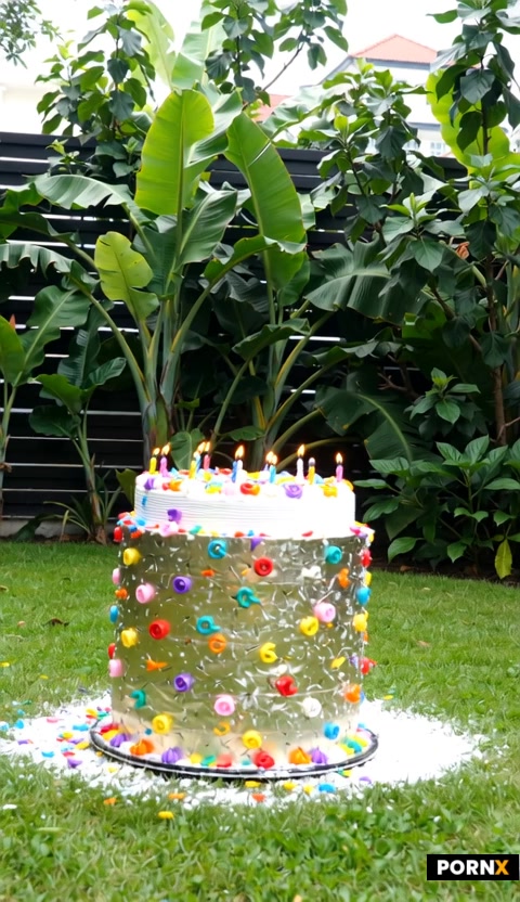 a huge birthday cake in a suburbian garden