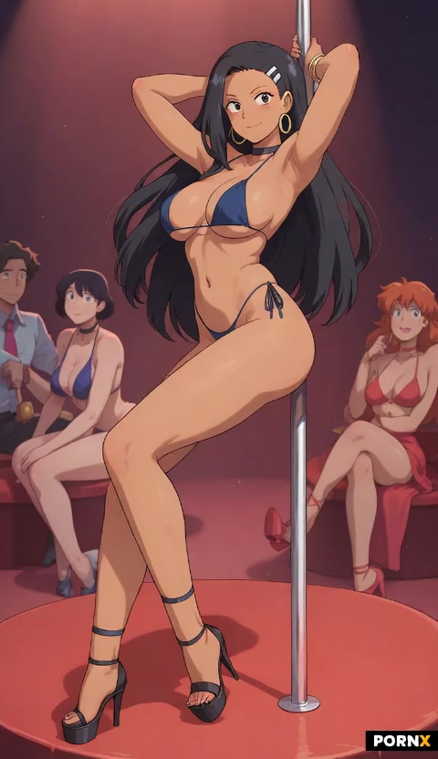 she is pole dancing erotically with bouncing breasts