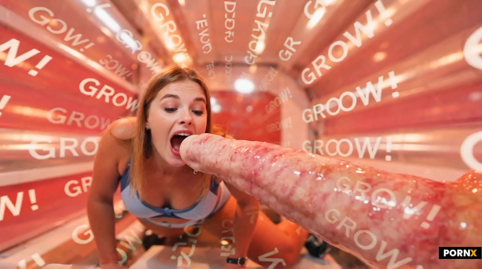 SCENE: IN RED-SCREEN MORPHIC TUNNEL VORTEX WITH GLOWING "GROW!" WORD COMMANDS ZOOMING PAST! UNCANNIL