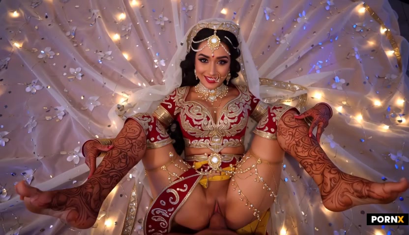an indian woman wearing indian bridal dress with jewellery is having sex in missionary