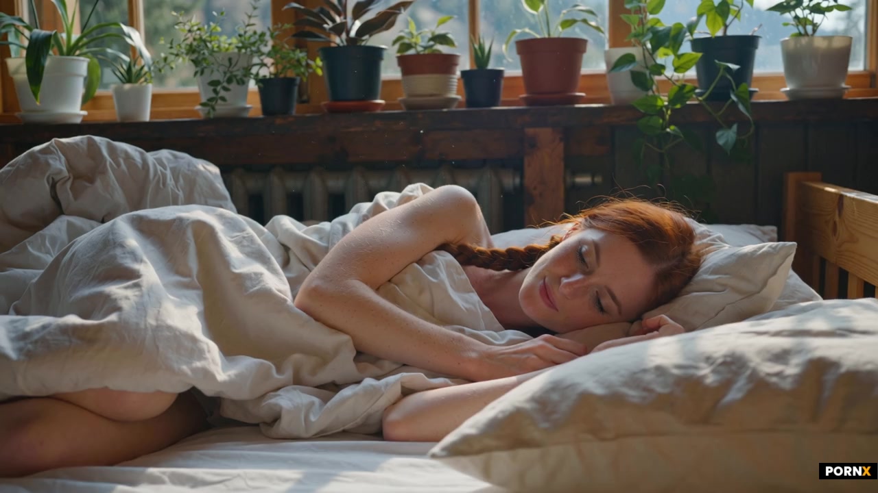scene_description: a sweet red haired woman snuggles into her bed pillow while lying on her side
