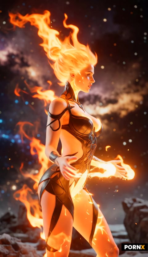scene_description: A majestic elemental fire woman forms in the darkness