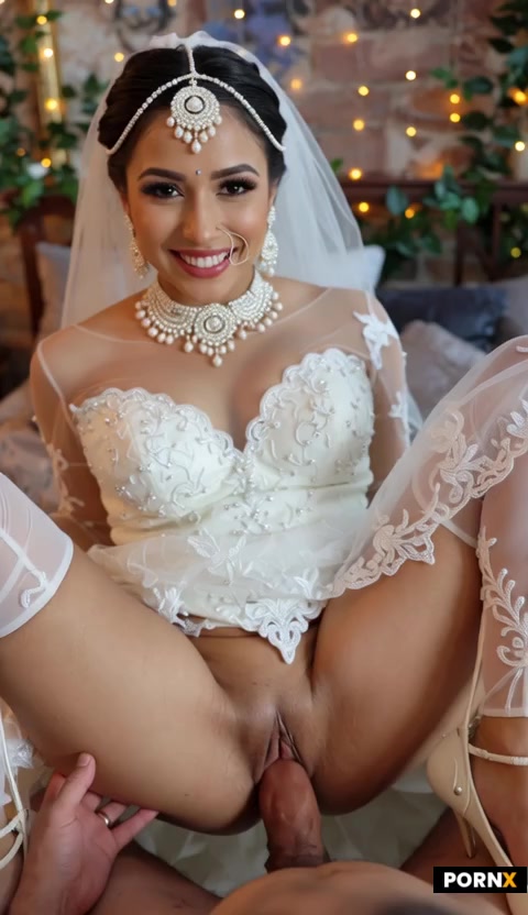 an indian woman wearing indian bridal dress with jewellery is having sex in missionary