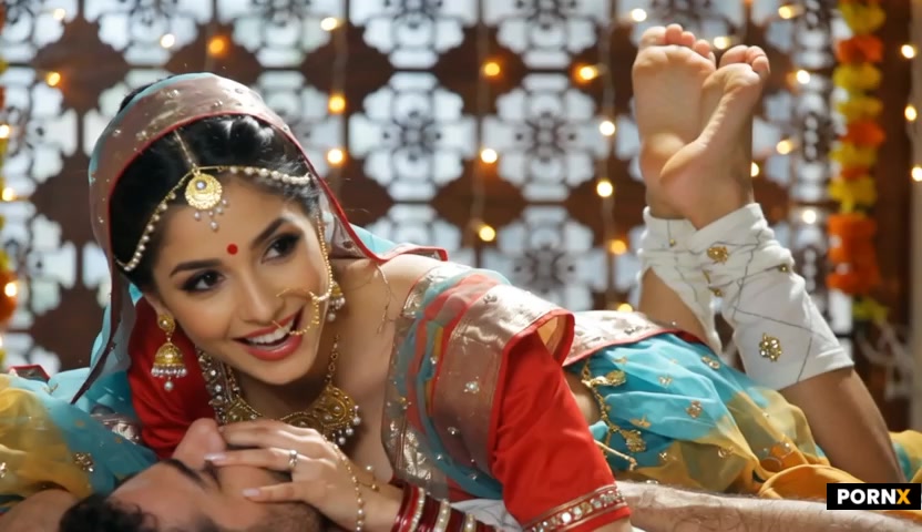 an indian woman wearing indian bridal clothing and jewellery is having sex in missionary position wi