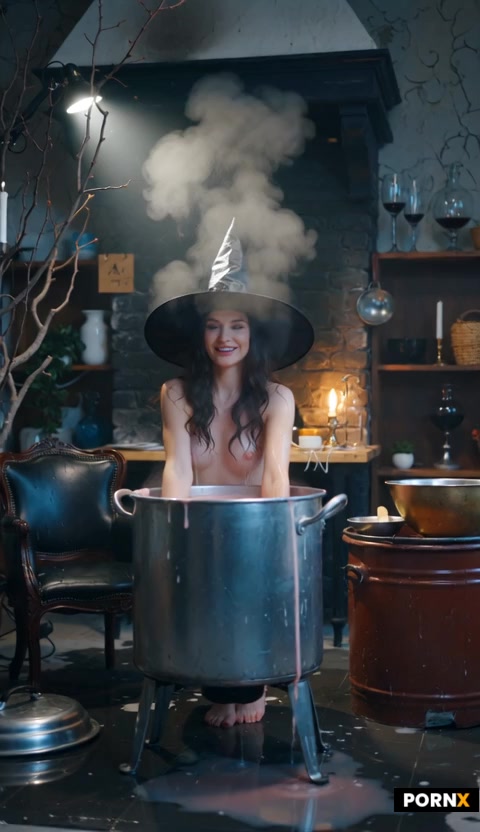 fully naked ravishing gorgeous 30yo witch in a spooky  witch hut